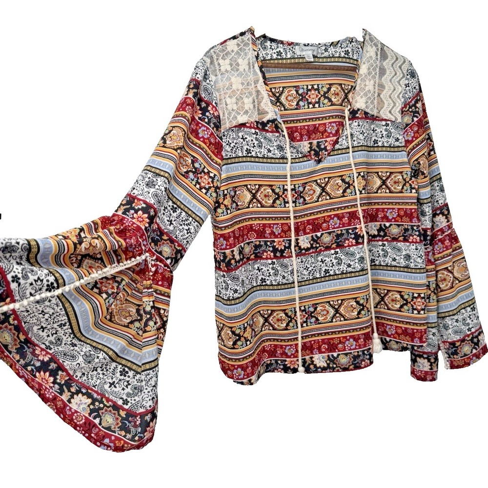 Mixed media patchwork Floral Dramatic Bell‎ Sleeve festival lace blouse tassels